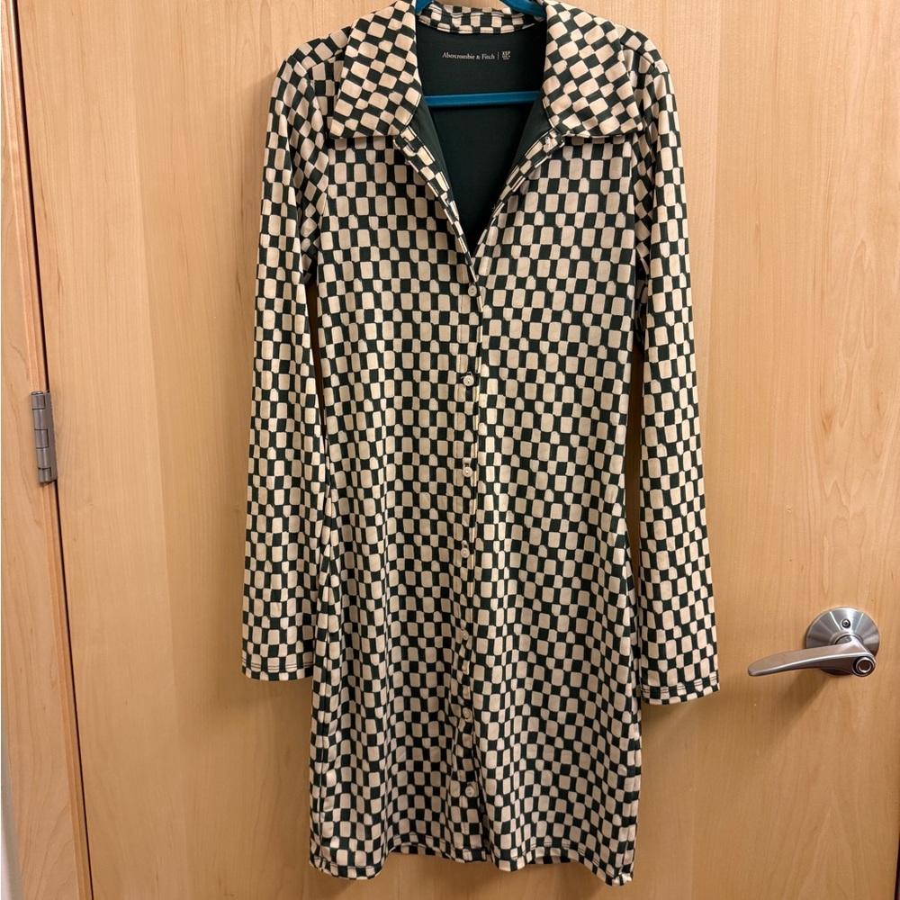 Checkerboard Long Sleeve Shirt Dress in Green and Cream